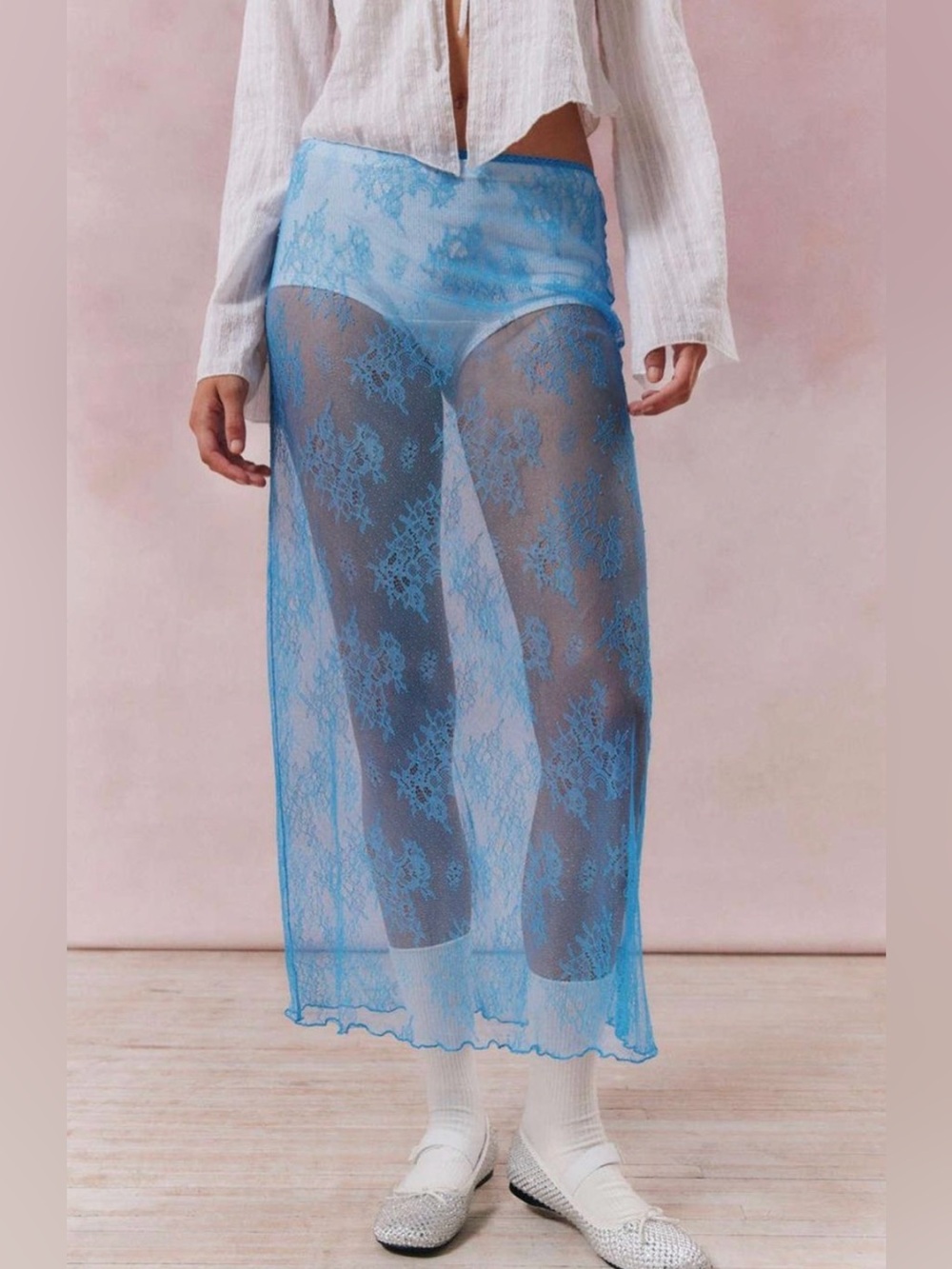 Urban Outfitters Sheer Lace Maxi Skirt in Cornflower Blue